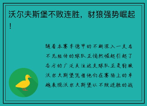 沃尔夫斯堡不败连胜，豺狼强势崛起！