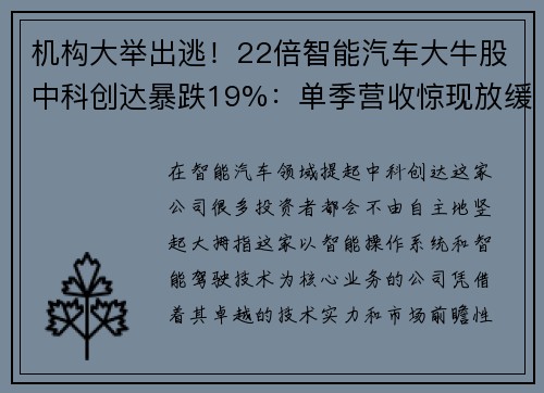 机构大举出逃！22倍智能汽车大牛股中科创达暴跌19%：单季营收惊现放缓