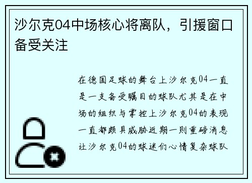 沙尔克04中场核心将离队，引援窗口备受关注